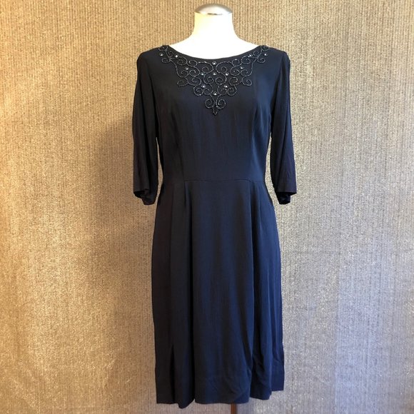 Antique Black Dress With Beaded Upper Bodice, Zippered Back and 3/4 Sleeves - Picture 1 of 16